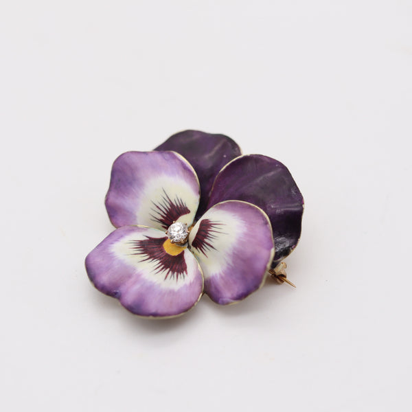 HEDGE & CO. 1900 Art Nouveau Purple Enamel Pansy Brooch In 14Kt Gold Diamond