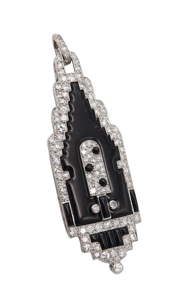 CARTIER 1920 Art Deco Platinum Enameled Pendant-Lorgnette With Diamonds & Onyx