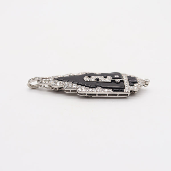 CARTIER 1920 Art Deco Platinum Enameled Pendant-Lorgnette With Diamonds & Onyx
