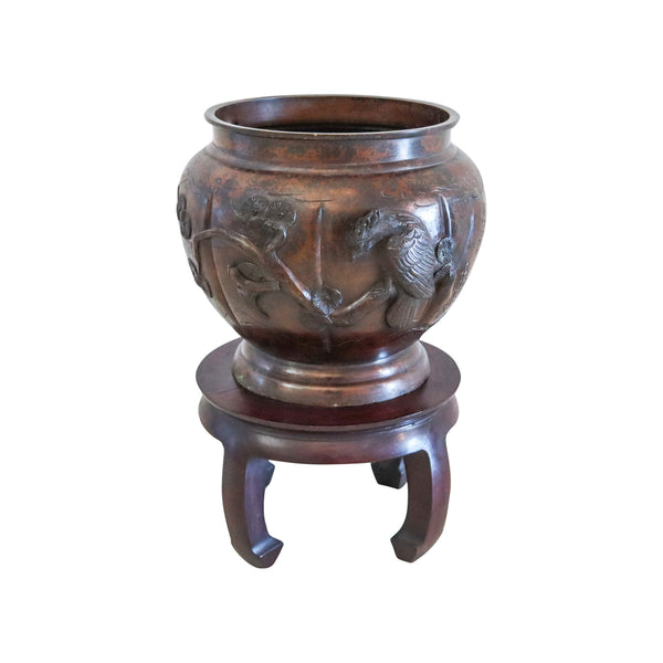 JAPAN 1900 Meiji Period Bronze Planter Vase With Carved Wood Base