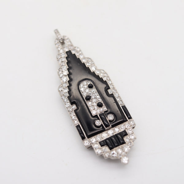 CARTIER 1920 Art Deco Platinum Enameled Pendant-Lorgnette With Diamonds & Onyx