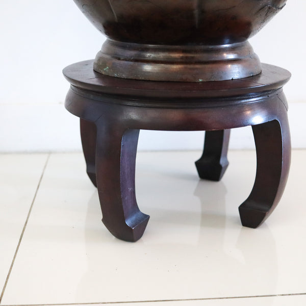 JAPAN 1900 Meiji Period Bronze Planter Vase With Carved Wood Base