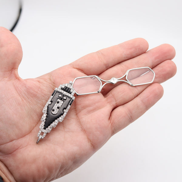 CARTIER 1920 Art Deco Platinum Enameled Pendant-Lorgnette With Diamonds & Onyx