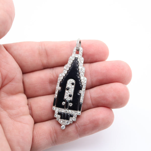 CARTIER 1920 Art Deco Platinum Enameled Pendant-Lorgnette With Diamonds & Onyx