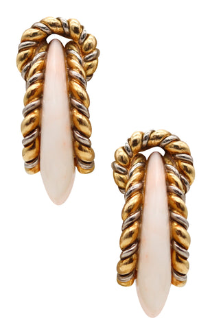 -Fred of Paris 1970 Modernist Hoop Earrings In 18Kt Yellow Gold With Carved Coral