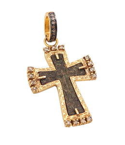 BYZANTINE 1650 Orthodox Cross In Copper 18Kt Vermeil Sterling And Diamonds