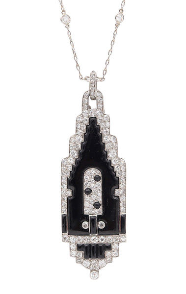 CARTIER 1920 Art Deco Platinum Enameled Pendant-Lorgnette With Diamonds & Onyx