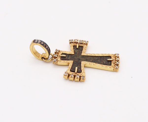 BYZANTINE 1650 Orthodox Cross In Copper 18Kt Vermeil Sterling And Diamonds