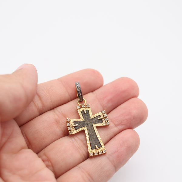 BYZANTINE 1650 Orthodox Cross In Copper 18Kt Vermeil Sterling And Diamonds