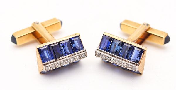 COLLINGWOOD & SON London Art-Deco Cufflinks In 18Kt Gold Sapphires & Diamonds