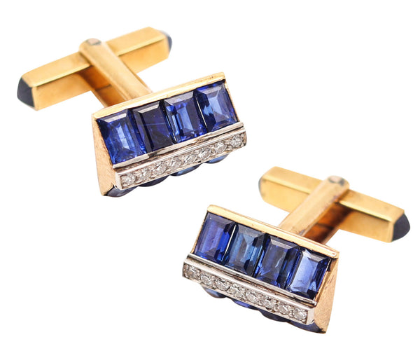 COLLINGWOOD & SON London Art-Deco Cufflinks In 18Kt Gold Sapphires & Diamonds