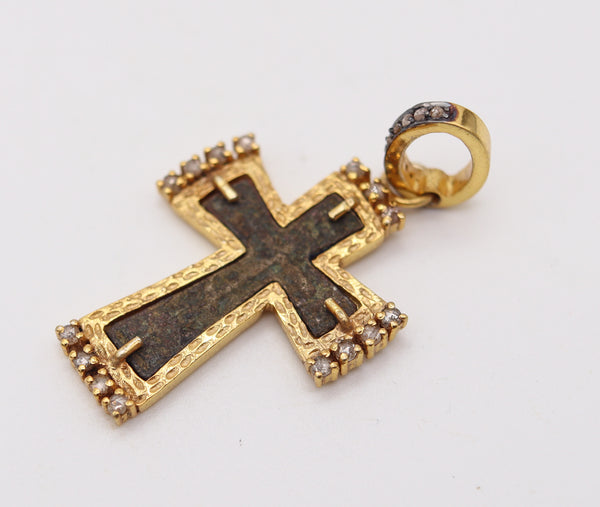 BYZANTINE 1650 Orthodox Cross In Copper 18Kt Vermeil Sterling And Diamonds