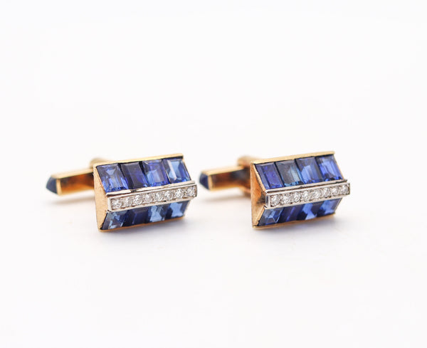 COLLINGWOOD & SON London Art-Deco Cufflinks In 18Kt Gold Sapphires & Diamonds