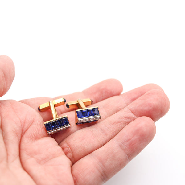COLLINGWOOD & SON London Art-Deco Cufflinks In 18Kt Gold Sapphires & Diamonds