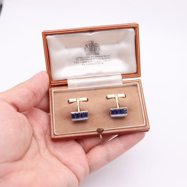 COLLINGWOOD & SON London Art-Deco Cufflinks In 18Kt Gold Sapphires & Diamonds