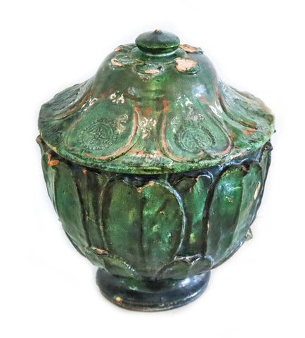 YUAN DYNASTY 1300 AD Green Glazed Large Lidded Vessel With Lotus Relief