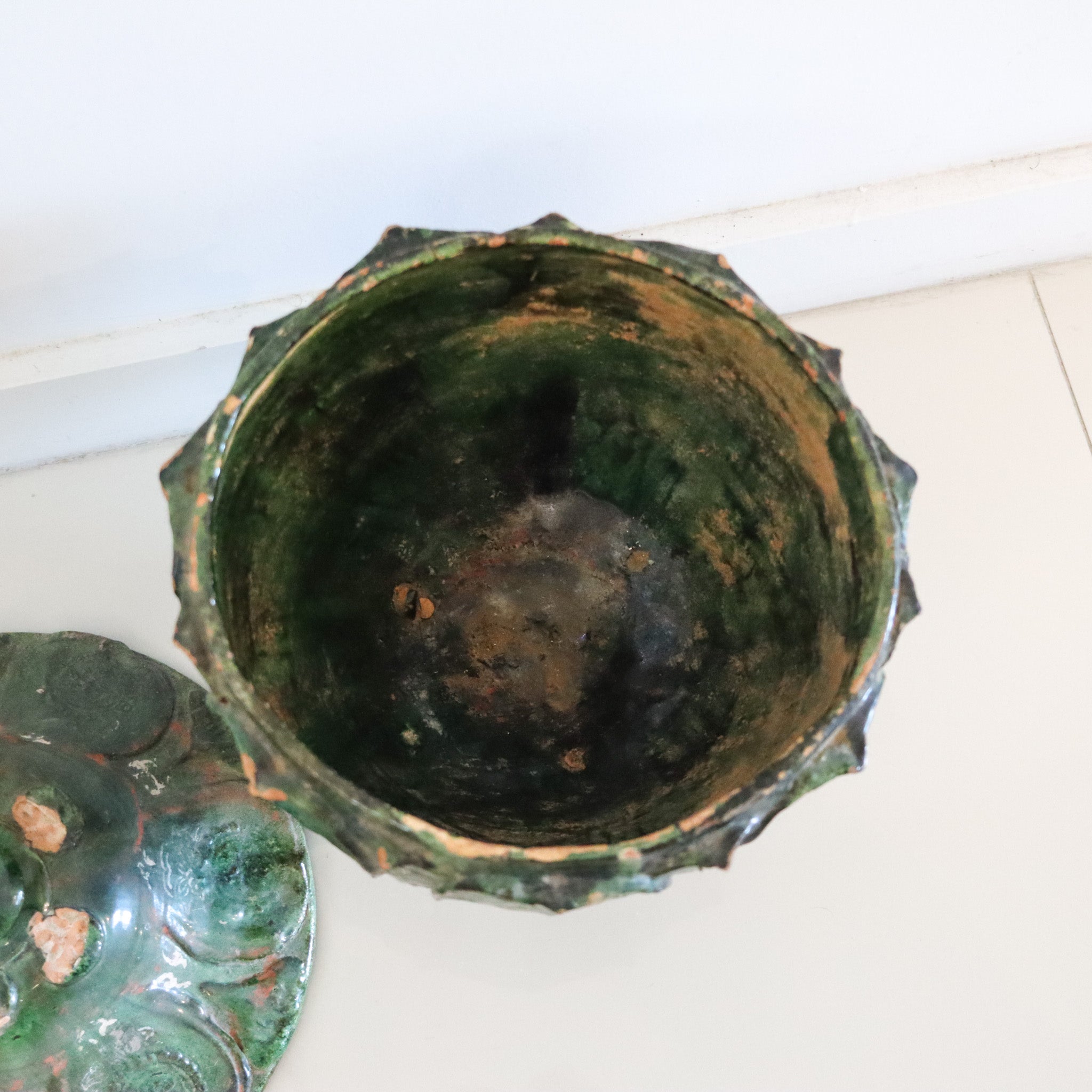 YUAN DYNASTY 1300 AD Green Glazed Large Lidded Vessel With