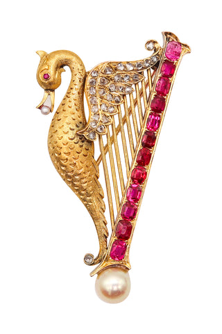-French 1890 Art Nouveau Swan Arp Brooch 18Kt Gold With 5.05 Ctw Rubies Diamonds