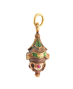 ETRUSCAN REVIVAL 1900 French Enameled Pendant Charm In 18Kt Gold With Rubies