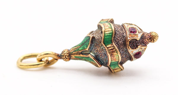 ETRUSCAN REVIVAL 1900 French Enameled Pendant Charm In 18Kt Gold With Rubies