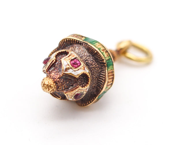 ETRUSCAN REVIVAL 1900 French Enameled Pendant Charm In 18Kt Gold With Rubies