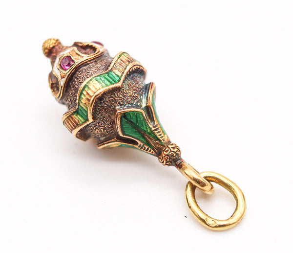 ETRUSCAN REVIVAL 1900 French Enameled Pendant Charm In 18Kt Gold With Rubies