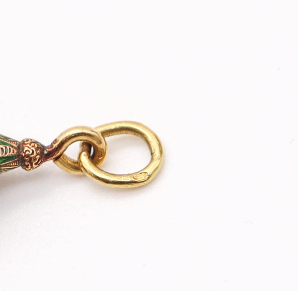 ETRUSCAN REVIVAL 1900 French Enameled Pendant Charm In 18Kt Gold With Rubies