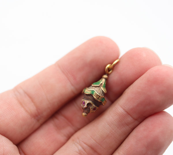 ETRUSCAN REVIVAL 1900 French Enameled Pendant Charm In 18Kt Gold With Rubies
