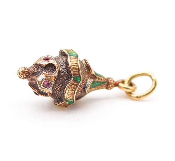 ETRUSCAN REVIVAL 1900 French Enameled Pendant Charm In 18Kt Gold With Rubies