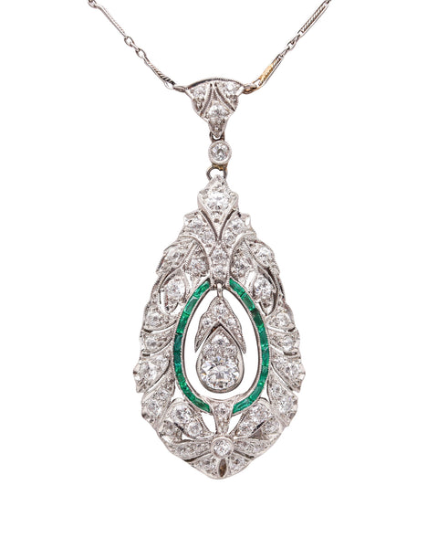 Art-Deco 1925 Platinum Necklace With VS Diamonds & Colombian Emeralds