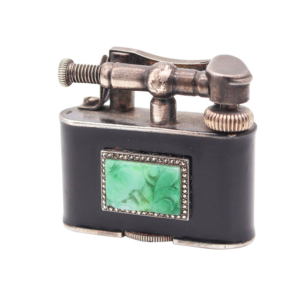 DUNHILL Paris 1930 Enameled Set Of Bijou Lighter & Cigarette Case With Carved Jades