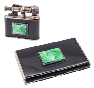 DUNHILL Paris 1930 Enameled Set Of Bijou Lighter & Cigarette Case With Carved Jades