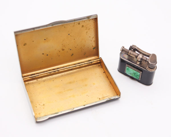 DUNHILL Paris 1930 Enameled Set Of Bijou Lighter & Cigarette Case With Carved Jades
