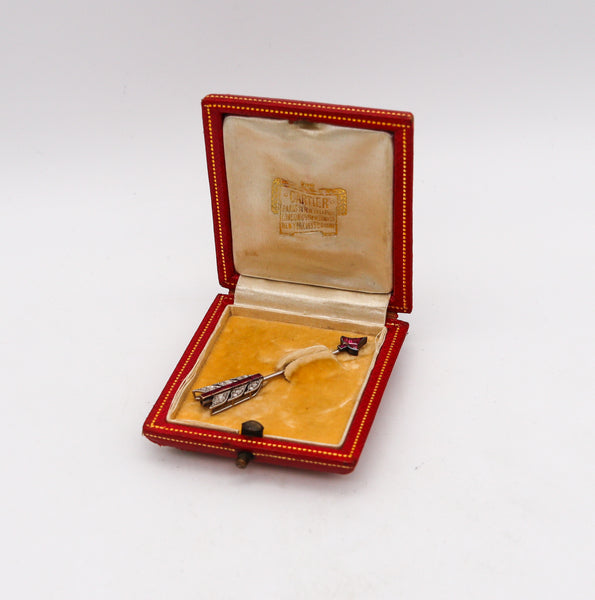 -Cartier Paris 1905 Edwardian Arrow Jabot In 18Kt Gold Platinum Diamonds And Rubies