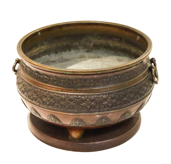 MEIJI 1868 Imperial Japan Round Hibachi Vase In Bronze With Carved Wood Base