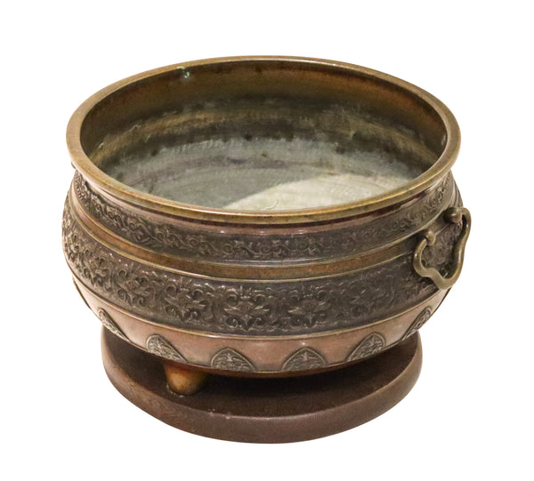 MEIJI 1868 Imperial Japan Round Hibachi Vase In Bronze With Carved Wood Base