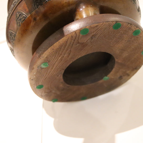 MEIJI 1868 Imperial Japan Round Hibachi Vase In Bronze With Carved Wood Base