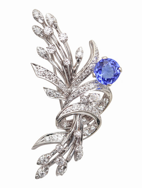 ART-DEC0 1950 Brooch In 14Kt White Gold With 4.35 Cwt Diamonds & Sapphires