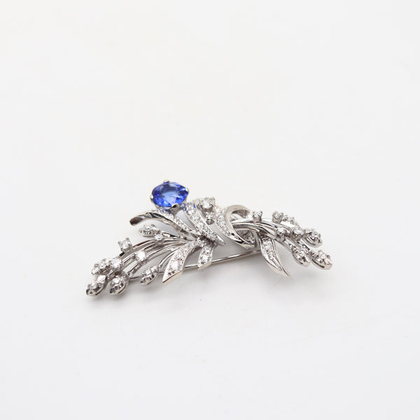 ART-DEC0 1950 Brooch In 14Kt White Gold With 4.35 Cwt Diamonds & Sapphires