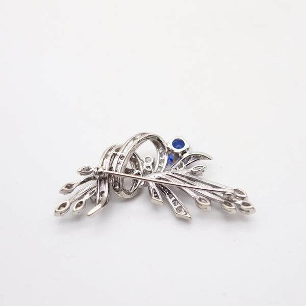 ART-DEC0 1950 Brooch In 14Kt White Gold With 4.35 Cwt Diamonds & Sapphires