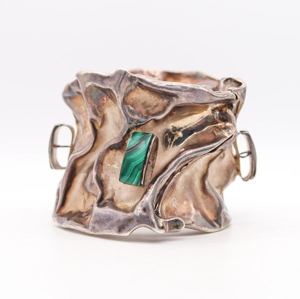 -Misty Taylor 1970 Taxco Organic Bangle In .980 Sterling Silver With Malachite