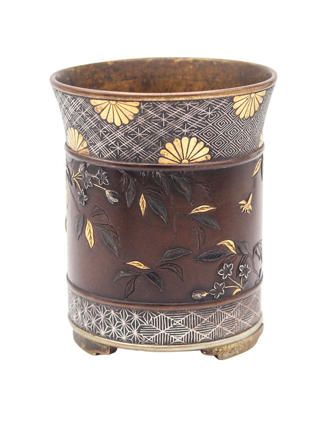 MEIJI Period Japan 1890 Imperial Shakudo Gold Mixed Metals Brush Vase-Pot