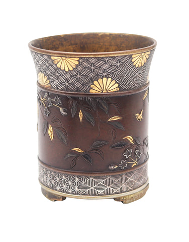 MEIJI Period Japan 1890 Imperial Shakudo Gold Mixed Metals Brush Vase-Pot