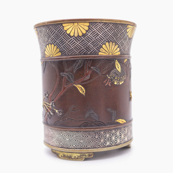 MEIJI Period Japan 1890 Imperial Shakudo Gold Mixed Metals Brush Vase-Pot