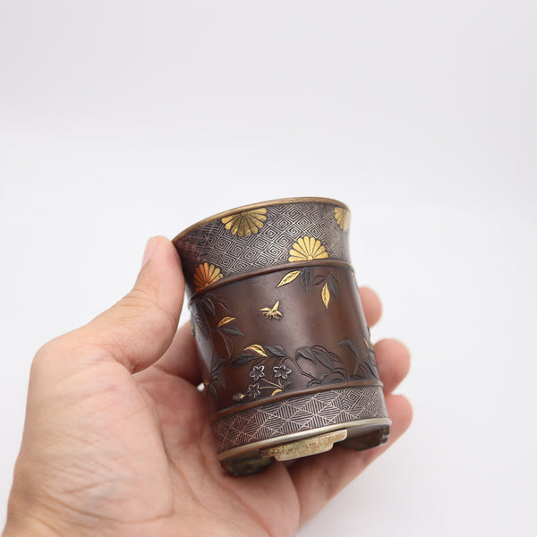 MEIJI Period Japan 1890 Imperial Shakudo Gold Mixed Metals Brush Vase-Pot