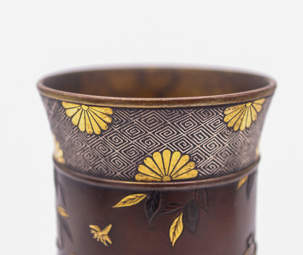 MEIJI Period Japan 1890 Imperial Shakudo Gold Mixed Metals Brush Vase-Pot