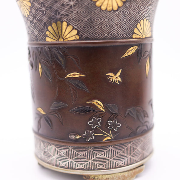 MEIJI Period Japan 1890 Imperial Shakudo Gold Mixed Metals Brush Vase-Pot