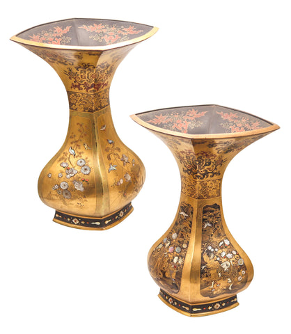 SHIBAYAMA Meiji 1880 Imperial Japan Pair Of Lacquered-Gilded Vases With Carvings