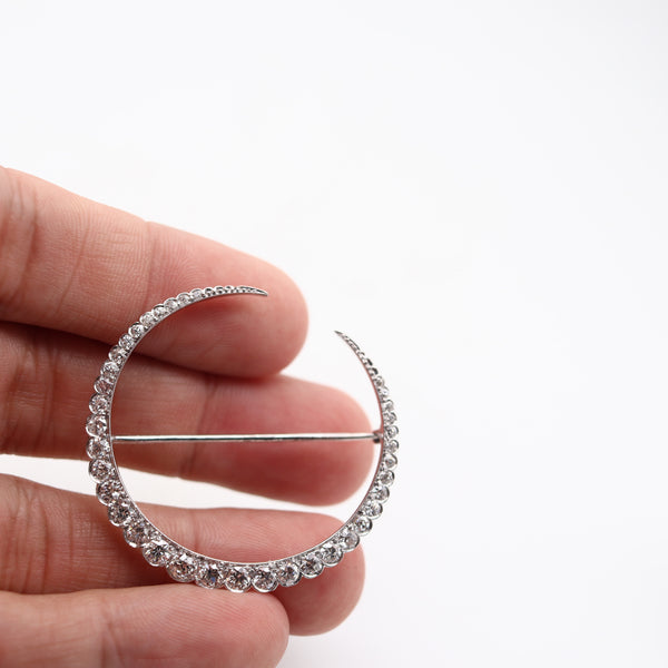 EDWARDIAN 1900 Antique Crescent-Moon Brooch Platinum And 2.96 Ctw In Diamonds