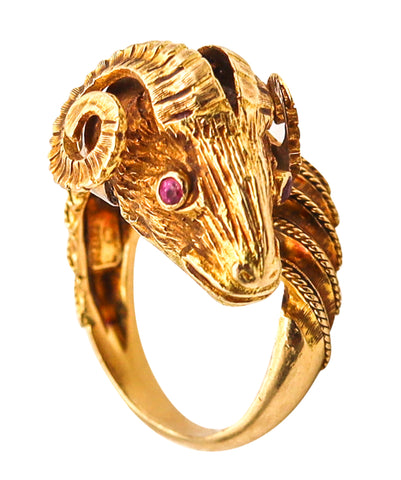 -Lalaounis 1970 Ram Ring In Textured 18Kt Yellow Gold With Rubies And Sapphire